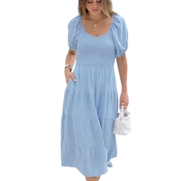 NEW PRETTY GARDEN L Maxi Dress Smocked Swiss Dot High Waist V Neck Tiered Blue - Picture 7 of 15